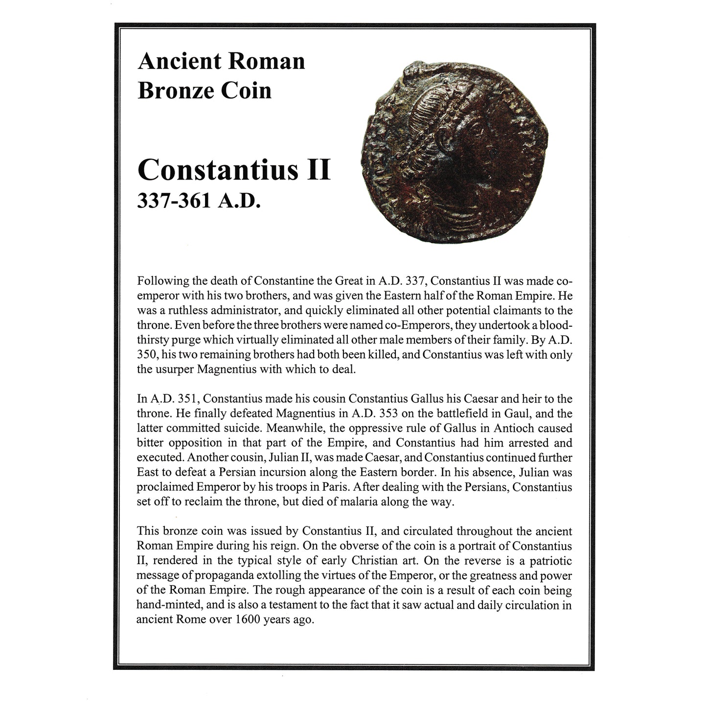 Ancient Rome 337-361 AD Constantius II Bronze Coin with Information Sheet