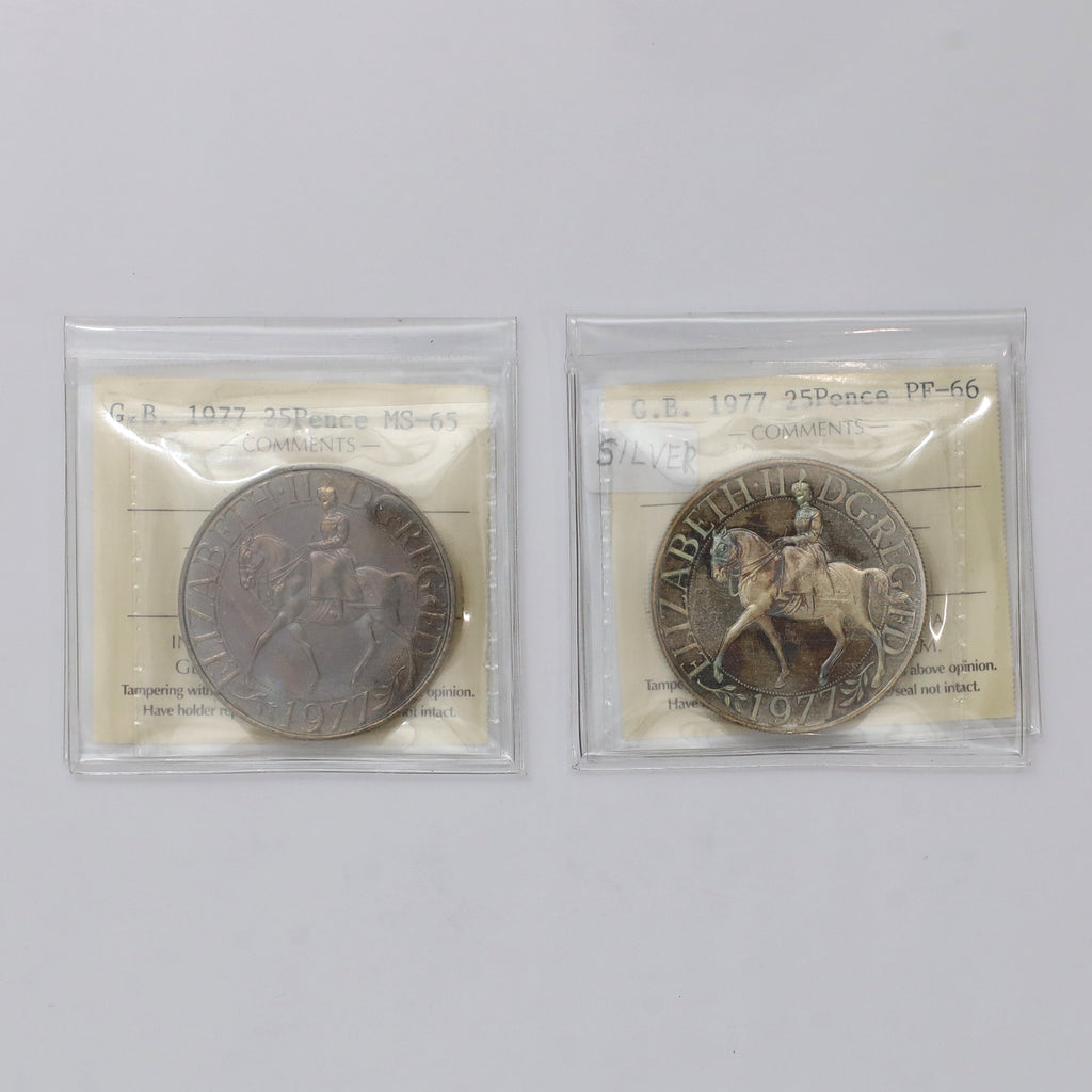 Pair of Great Britain 1977 25 Pence ICCS Certified MS65 and PF66 Silver, 2pcs (Toned)