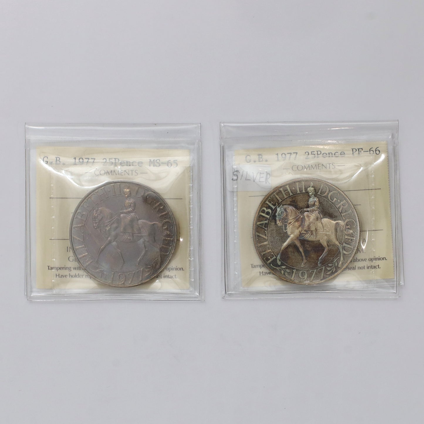 Pair of Great Britain 1977 25 Pence ICCS Certified MS65 and PF66 Silver, 2pcs (Toned)
