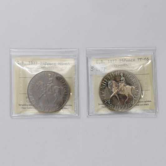 Pair of Great Britain 1977 25 Pence ICCS Certified MS65 and PF66 Silver, 2pcs (Toned)