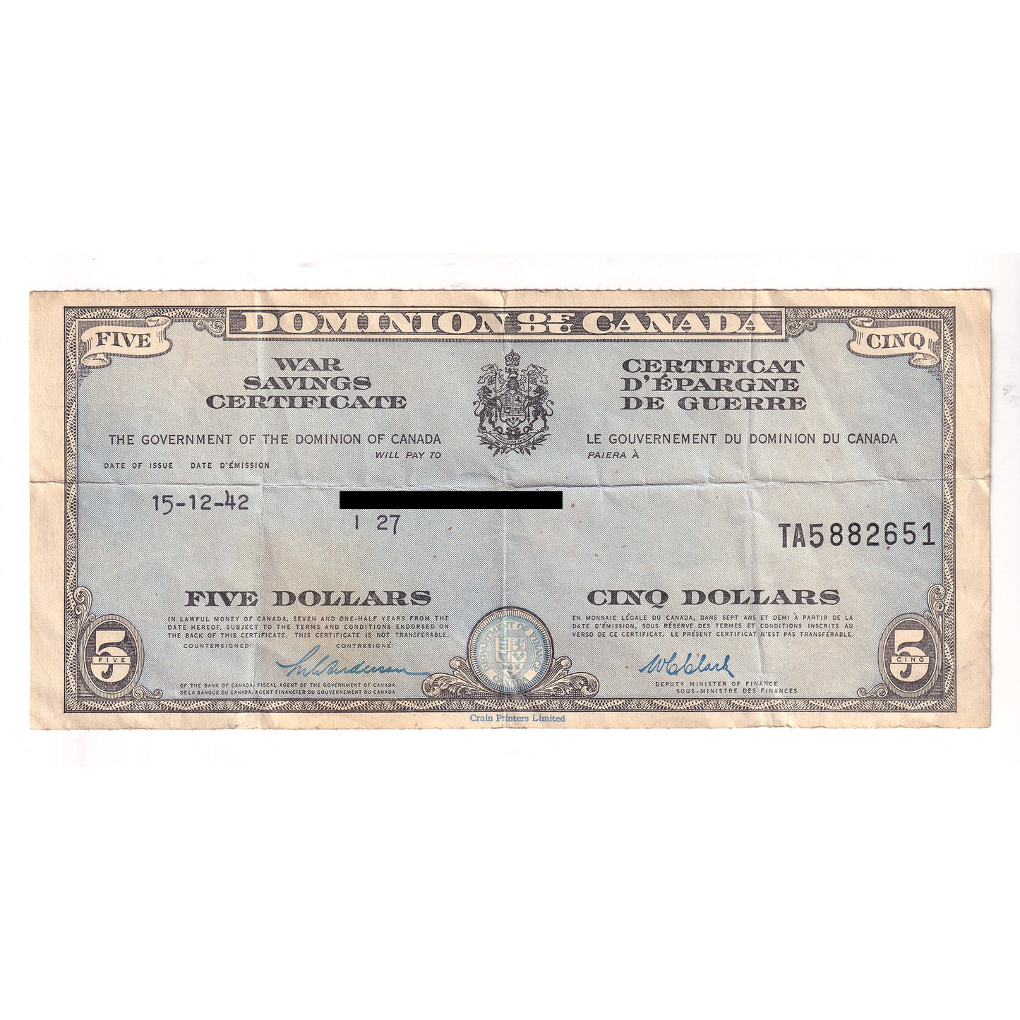 1942 Dominion of Canada $5 War Savings Certificate