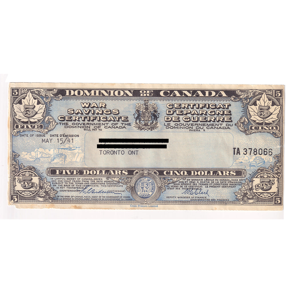 1941 Dominion of Canada $5 War Savings Certificate