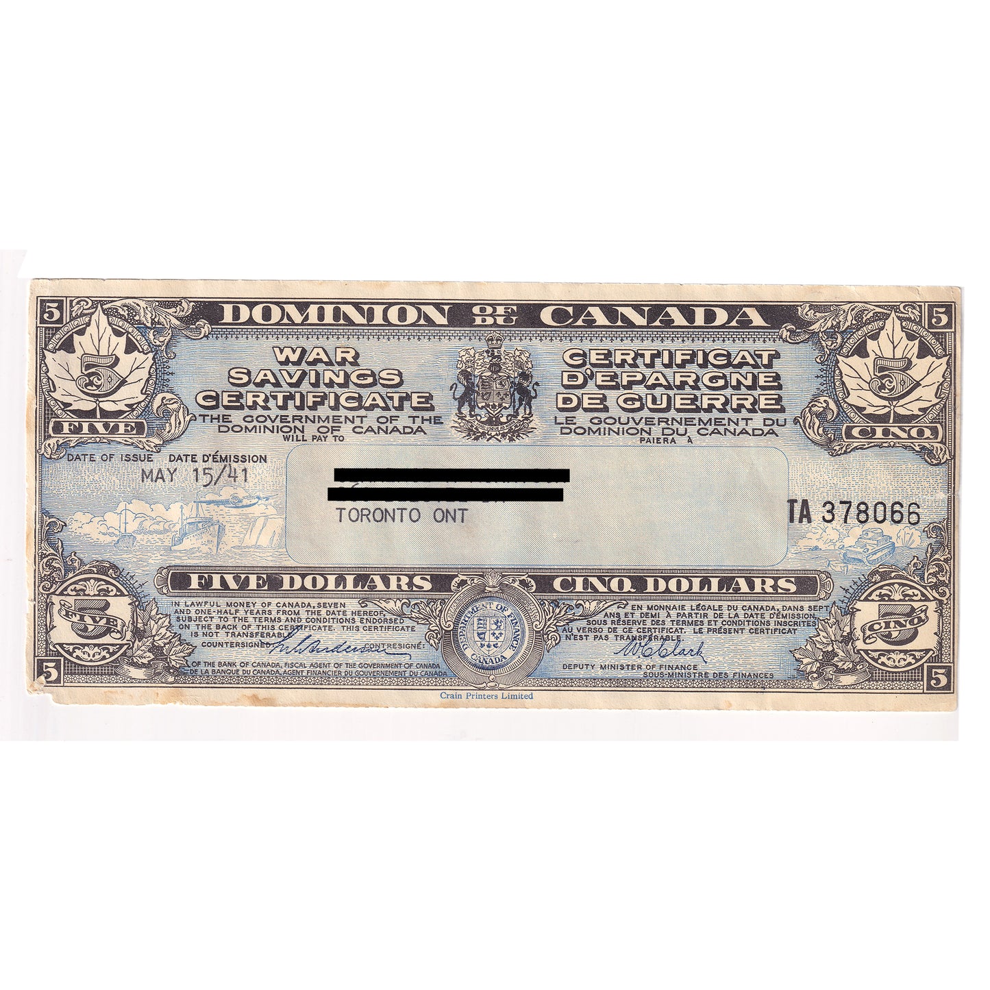 1941 Dominion of Canada $5 War Savings Certificate