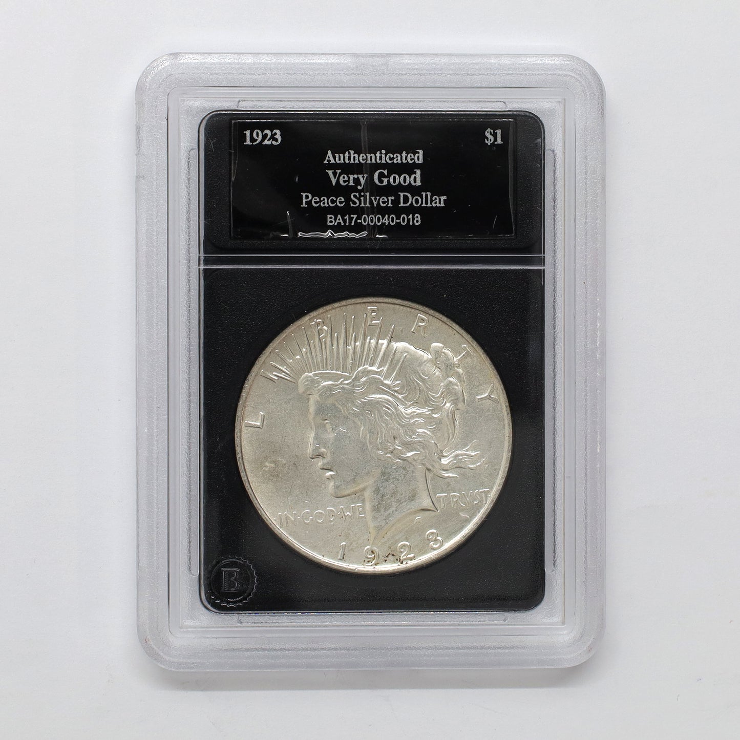 1923 USA Peace Silver Dollar in Slab, Very Good (VG8)