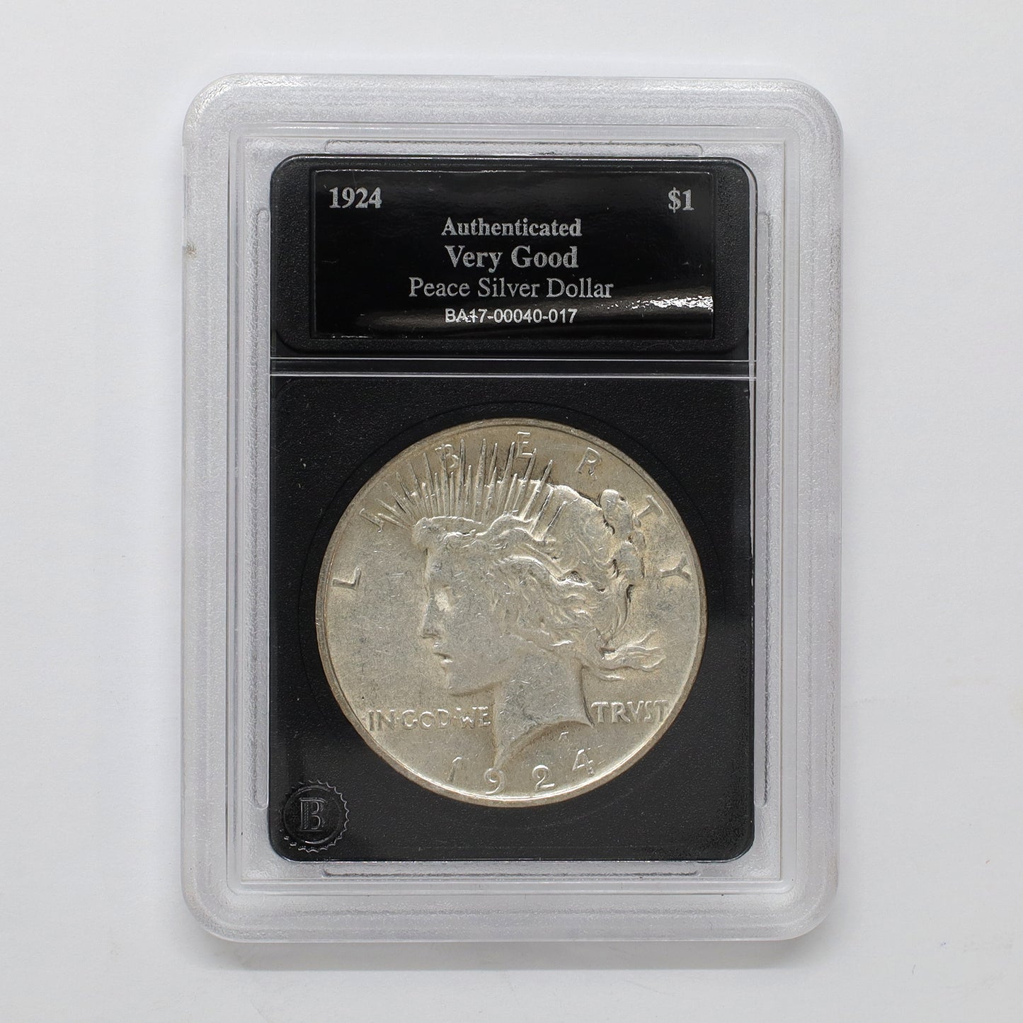 1924 USA Peace Silver Dollar in Slab, Very Good (VG8)