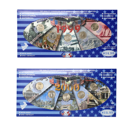 Pair of 1999 & 2000 USA 50 State Quarters in America-Themed Board, 2pcs