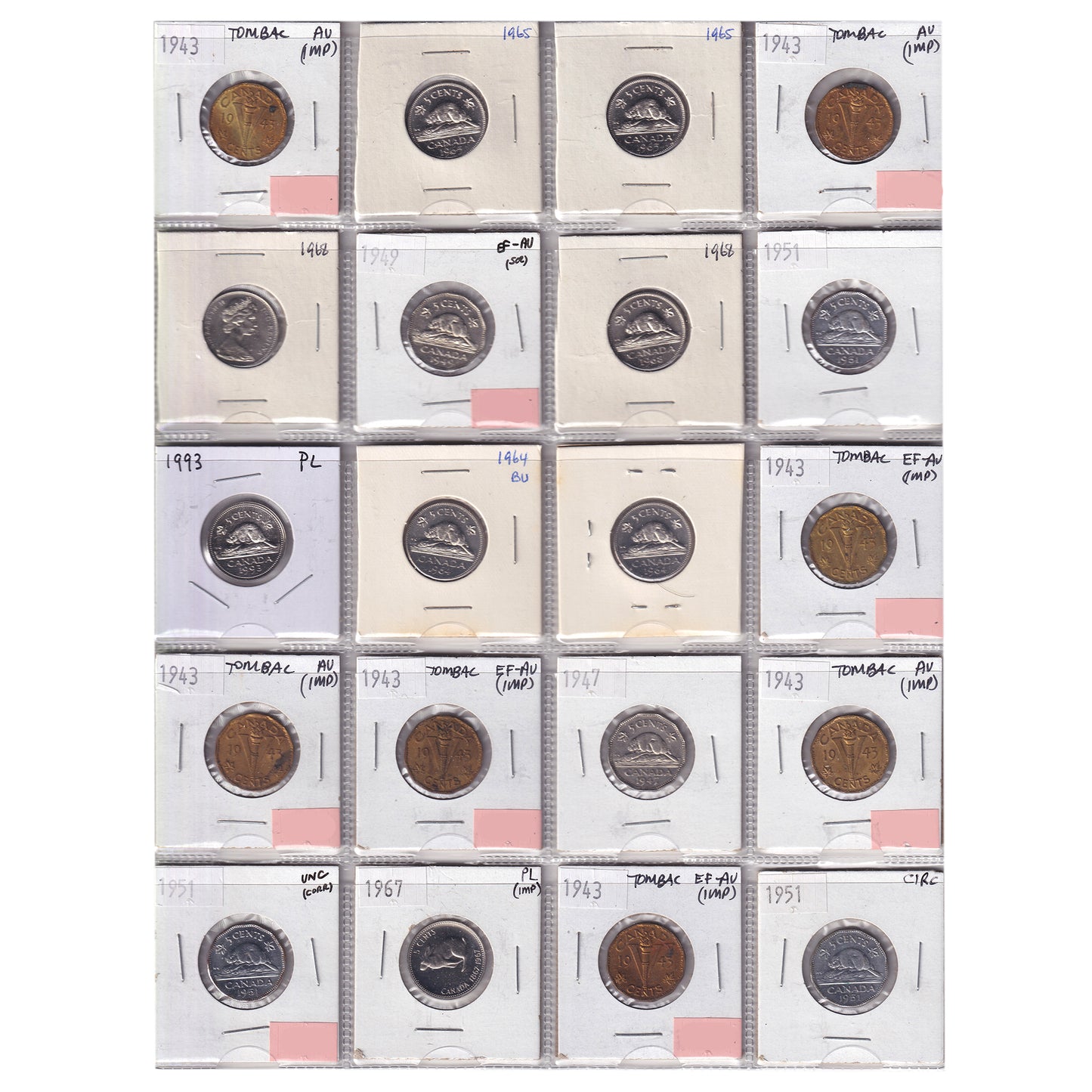 Group Lot of 20x 1943-1993 Canada 5-cents, 20pcs