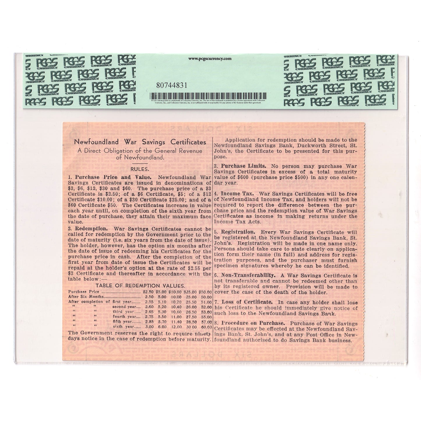 1943-1944 Newfoundland $6 War Savings Certificate PCGS Certified Choice About New (58PPQ)