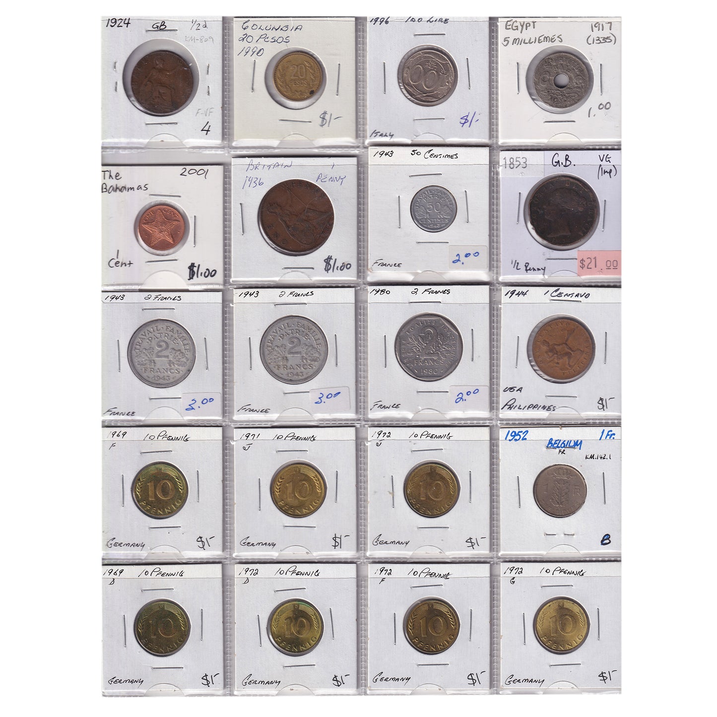 Group Lot of 60x 1853-2001 World Coins, Various Countries & Denominations, 60pcs