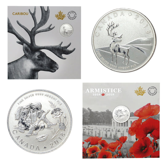 Pair of 2018 Royal Canadian Mint Fine Silver Coins in Cards, 2pcs (No Tax) Issues