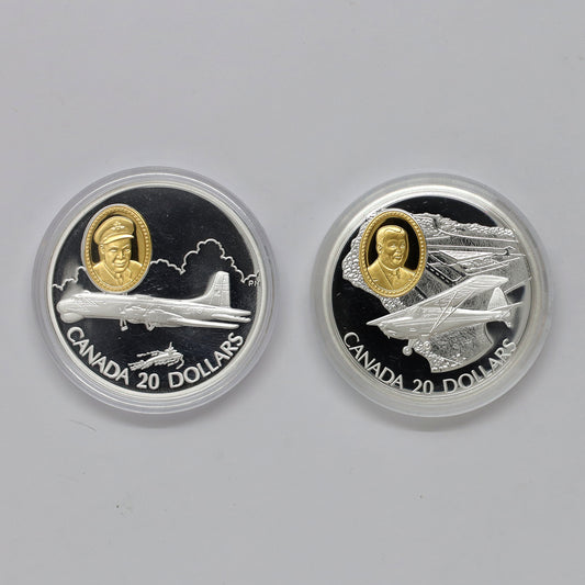 Pair of 1995 & 1998 Canada $20 Aviation Sterling Coins, 2pcs (Coins Only, Scr. Caps)