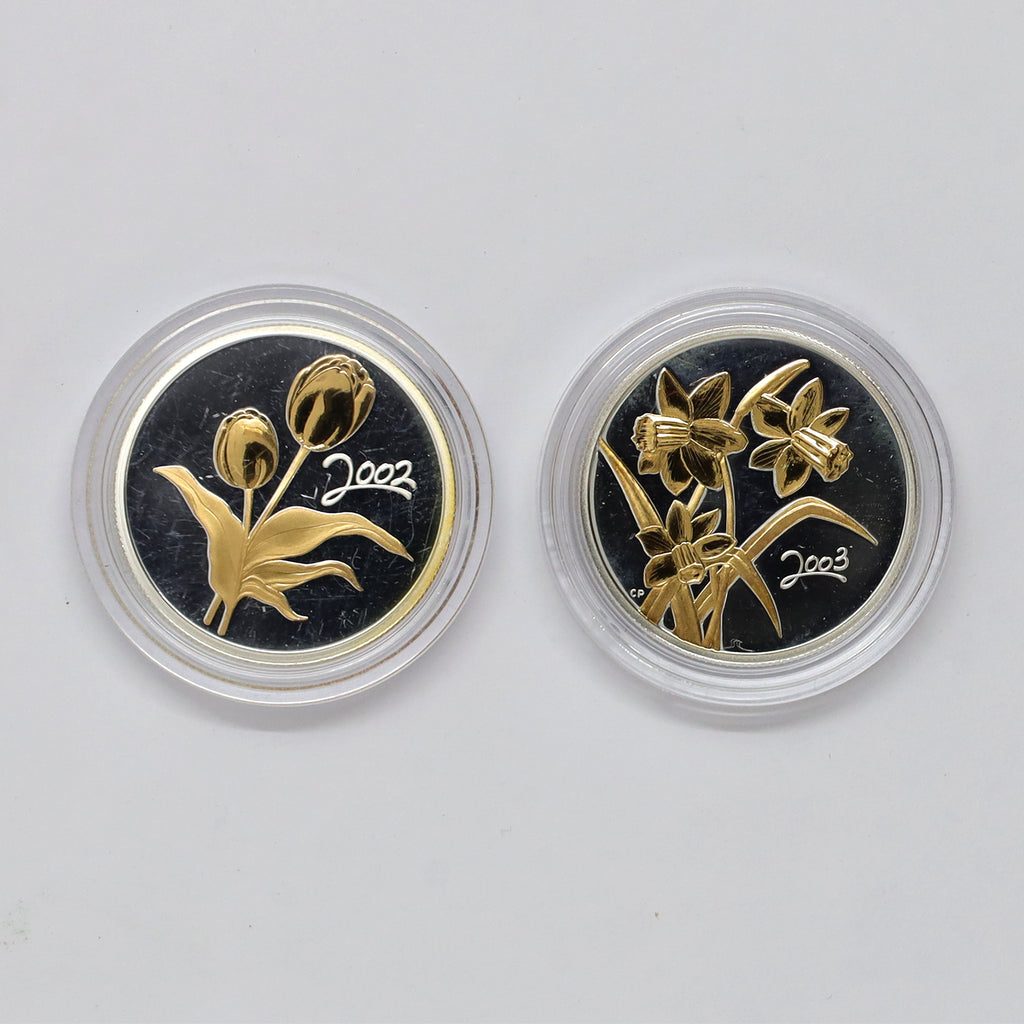 Pair of 2002 & 2003 Canada 50ct Golden Floral Sterling Coins, 2pcs (Coins Only, Issues)