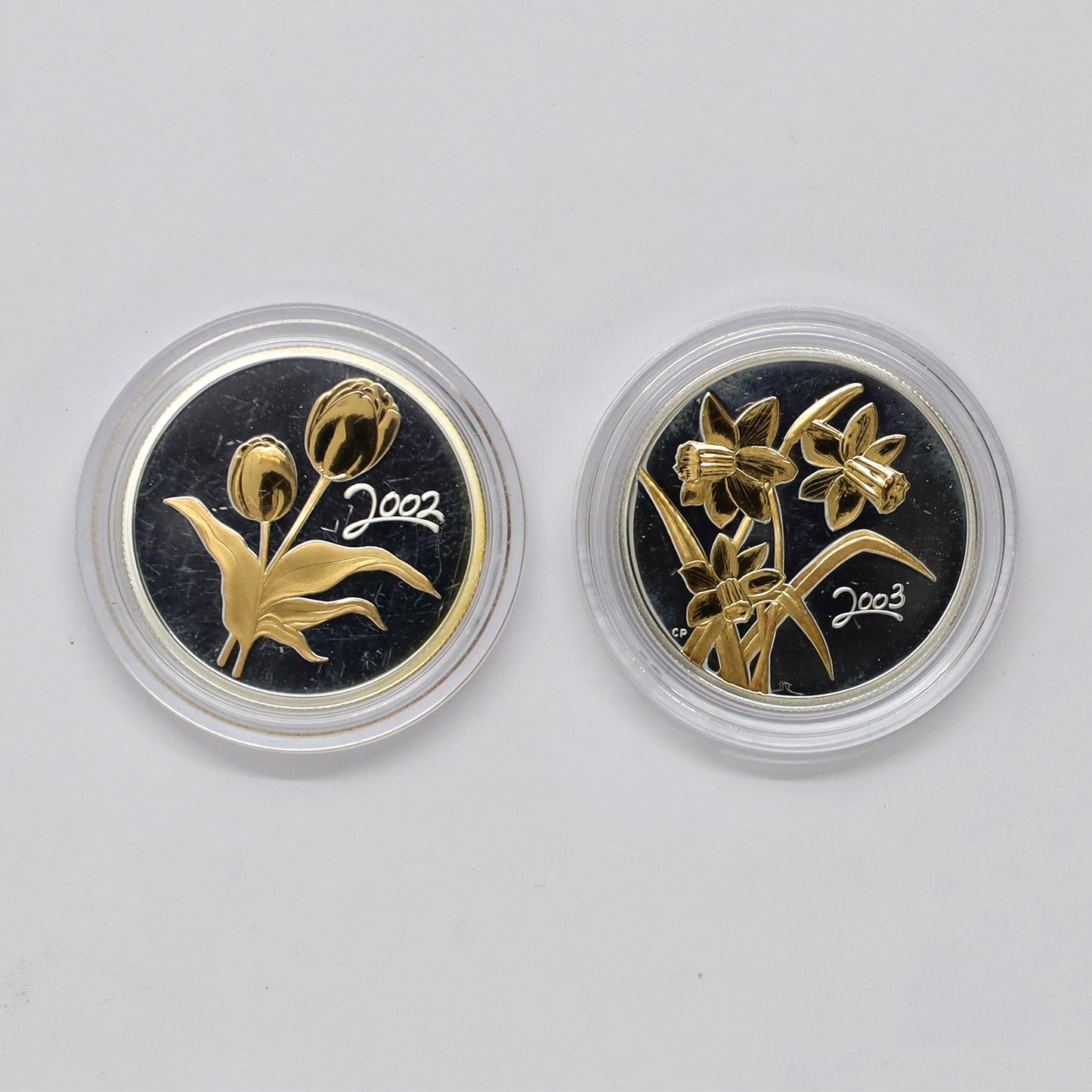 Pair of 2002 & 2003 Canada 50ct Golden Floral Sterling Coins, 2pcs (Coins Only, Issues)