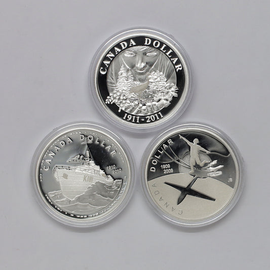 Lot of 3x 2009-2011 Canada Proof Sterling Silver Dollars, 3pcs (Coins Only, Scr. Caps)