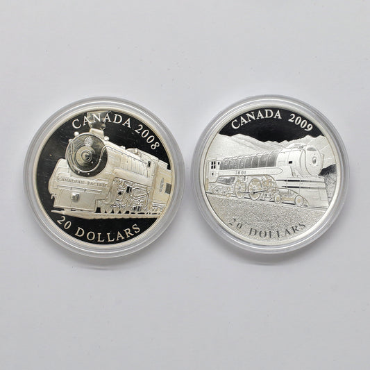Pair of 2008 & 2009 Great Canadian Locomotives Silver, 2pcs (No Tax) Coins Only, Issues