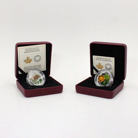 Pair of 2014-2015 Canada $20 Venetian Glass Fine Silver Coins, 2pcs (Issues)