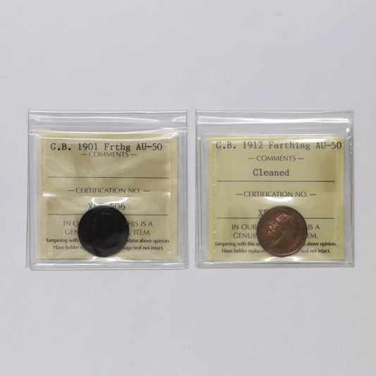 Pair of Great Britain 1901 & 1912 Farthings ICCS Certified AU50, 2pcs
