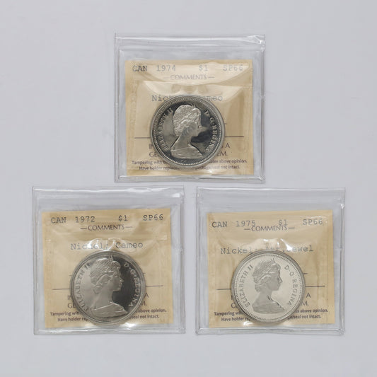Lot of 3x 1972-1975 Canada Nickel Dollars ICCS Certified SP66, 3pcs
