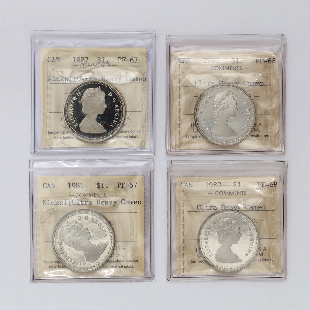 Lot of 4x 1981-1987 Canada Nickel Dollars ICCS Certified PF67 & PF68 UHC, 4pcs
