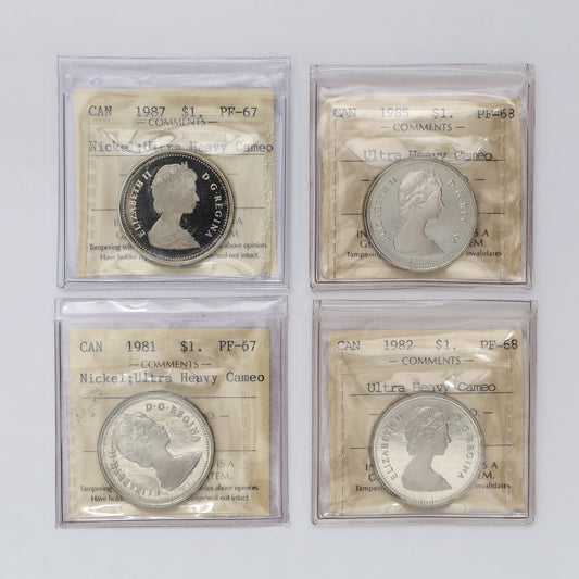 Lot of 4x 1981-1987 Canada Nickel Dollars ICCS Certified PF67 & PF68 UHC, 4pcs