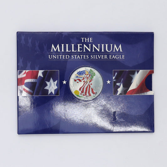 2000 USA $1 American Eagle Colourized Millennium 1oz. Fine Silver Coin in Folder (No Tax)
