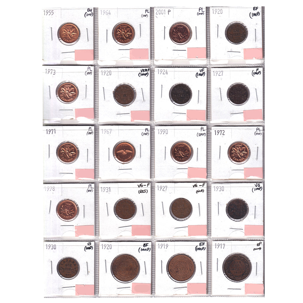 Group Lot of 20x 1917-2001 Canada 1-cents, VG to PL, 20pcs