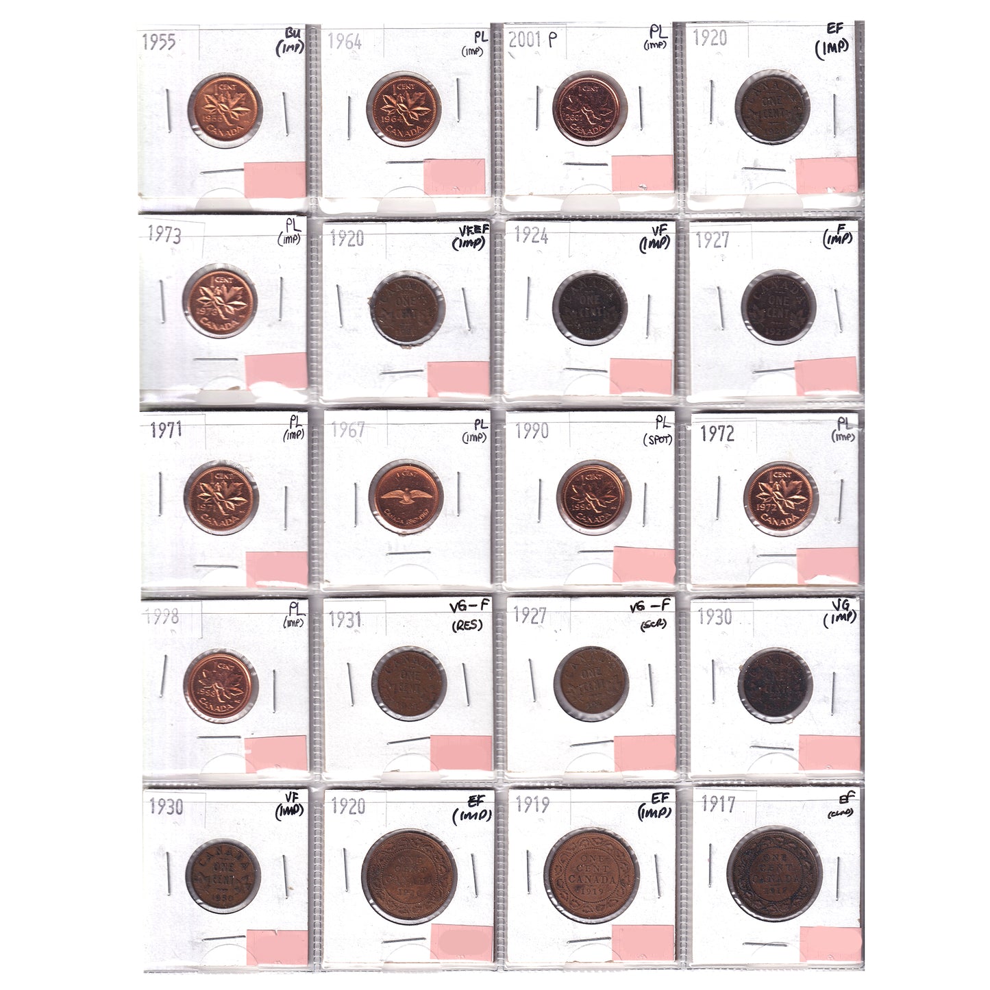Group Lot of 20x 1917-2001 Canada 1-cents, VG to PL, 20pcs
