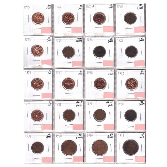 Group Lot of 20x 1917-2001 Canada 1-cents, VG to PL, 20pcs