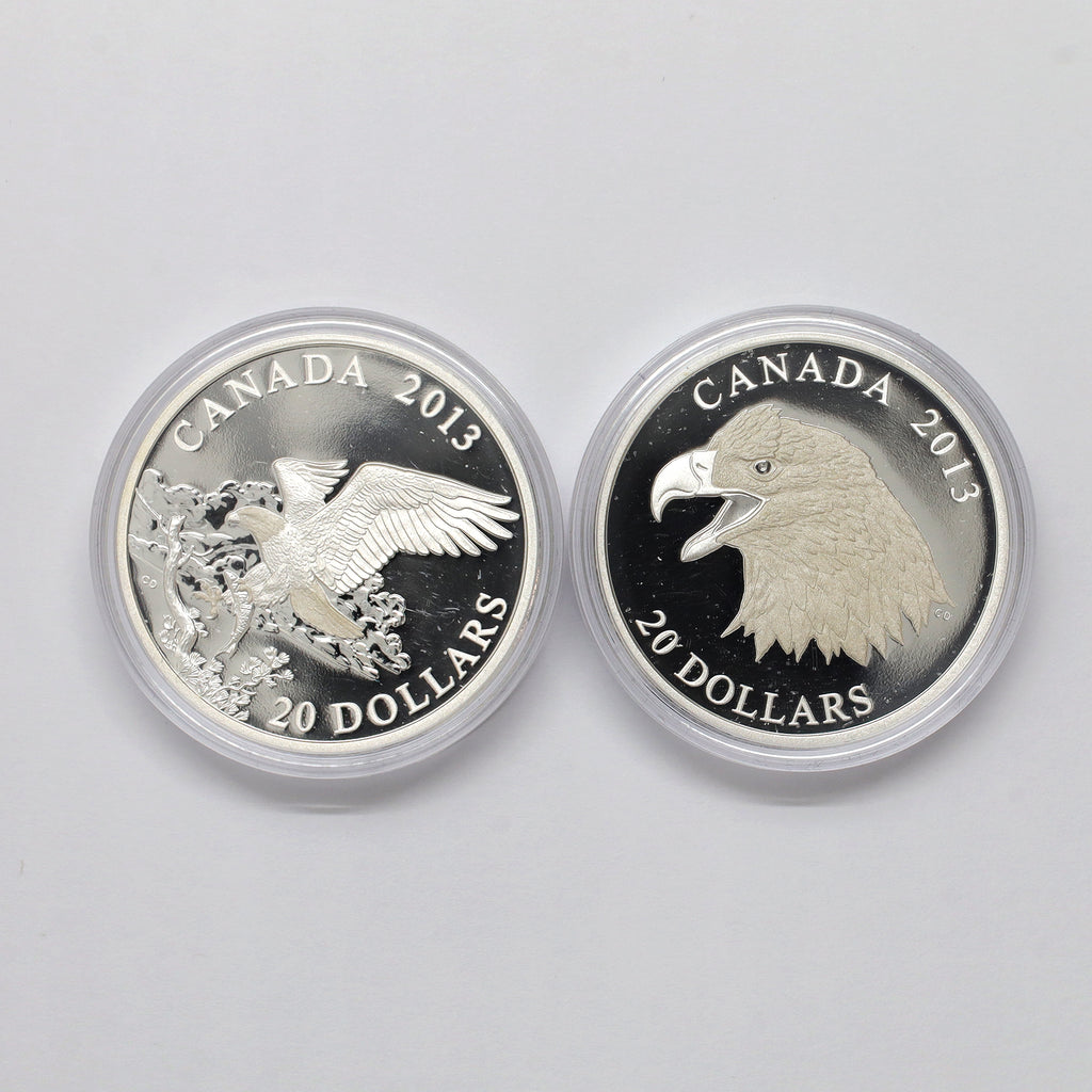 Pair of 2013 Canada $20 Bald Eagle Fine Silver Coins, 2pcs (No Tax) Coins Only, Issues