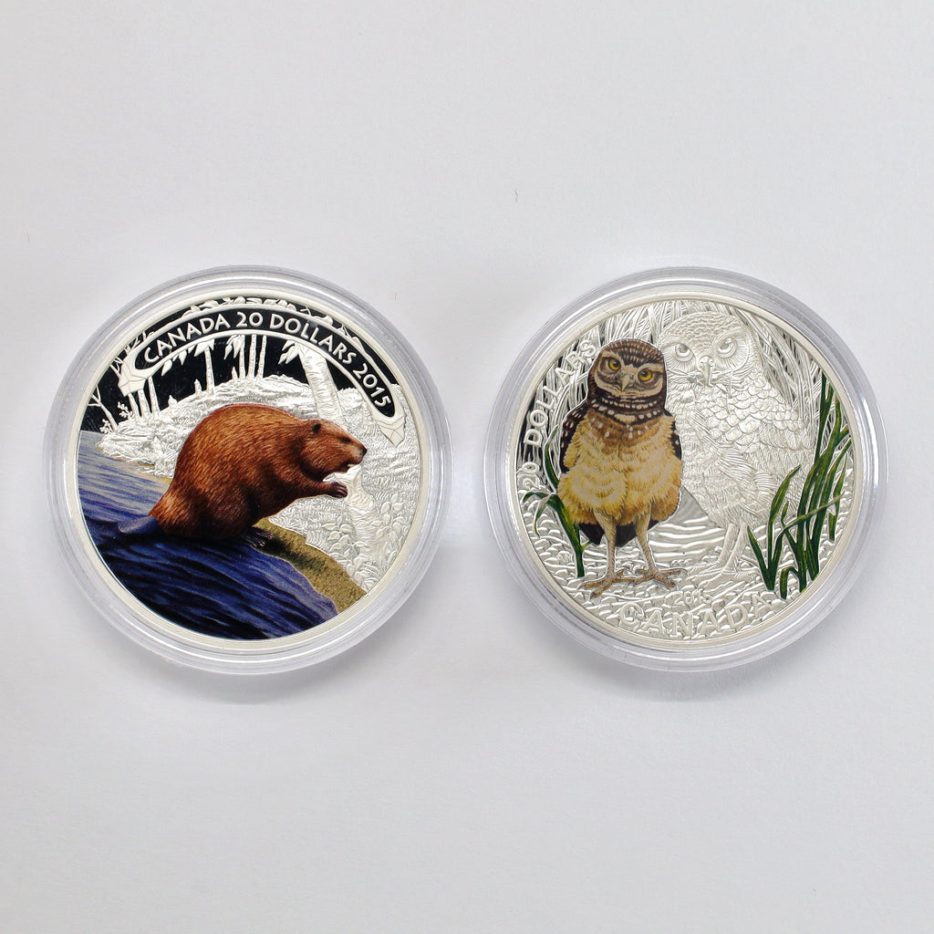 Pair of 2015 Canada $20 Colourized Animal Silver, 2pcs (No Tax) Coins Only, Scr. Caps