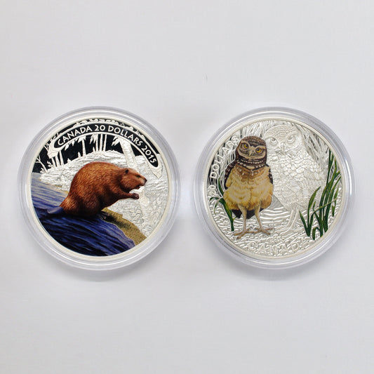 Pair of 2015 Canada $20 Colourized Animal Silver, 2pcs (No Tax) Coins Only, Scr. Caps