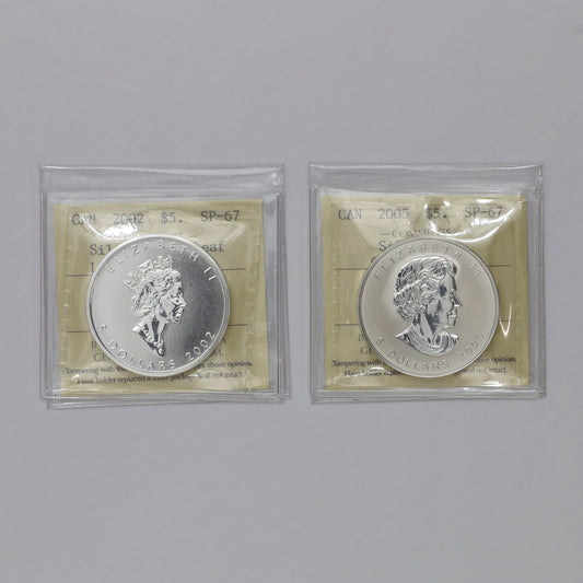 Pair of 2002 & 2005 Canada $5 Silver Maple Leaf Coins ICCS Certified SP67, 2pcs (No Tax)