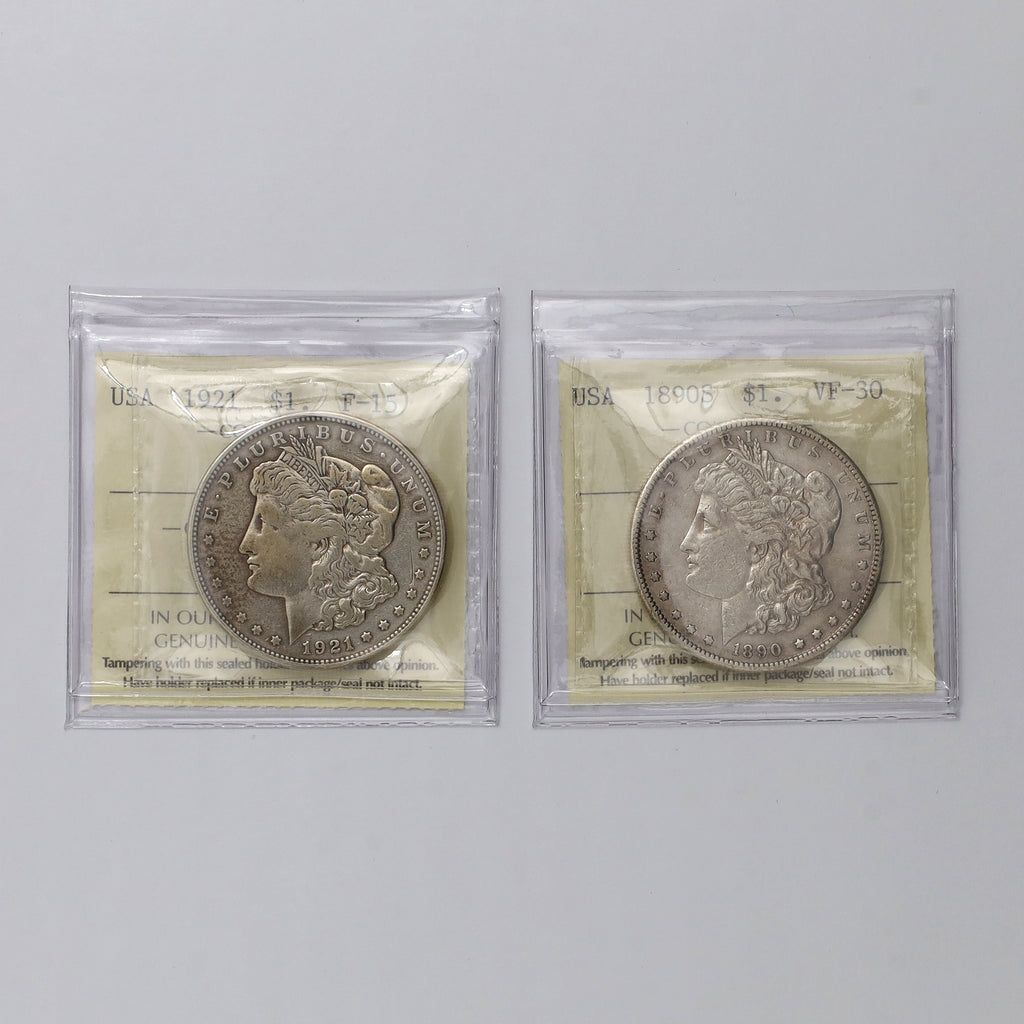 Pair of 1890 & 1921 USA Silver Dollars ICCS Certified VF30 & F15, 2pcs