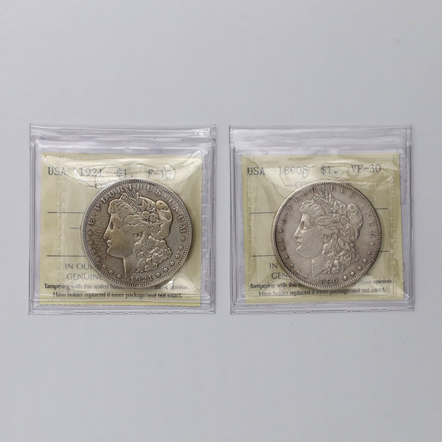 Pair of 1890 & 1921 USA Silver Dollars ICCS Certified VF30 & F15, 2pcs