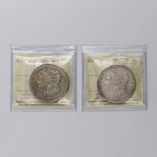Pair of 1890 & 1921 USA Silver Dollars ICCS Certified VF30 & F15, 2pcs