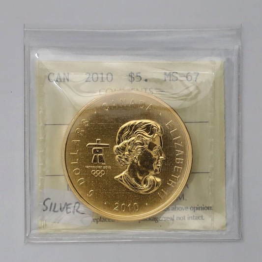 2010 Canada $5 Olympic Hockey Gold Plated Silver ICCS Certified MS67 (No Tax)