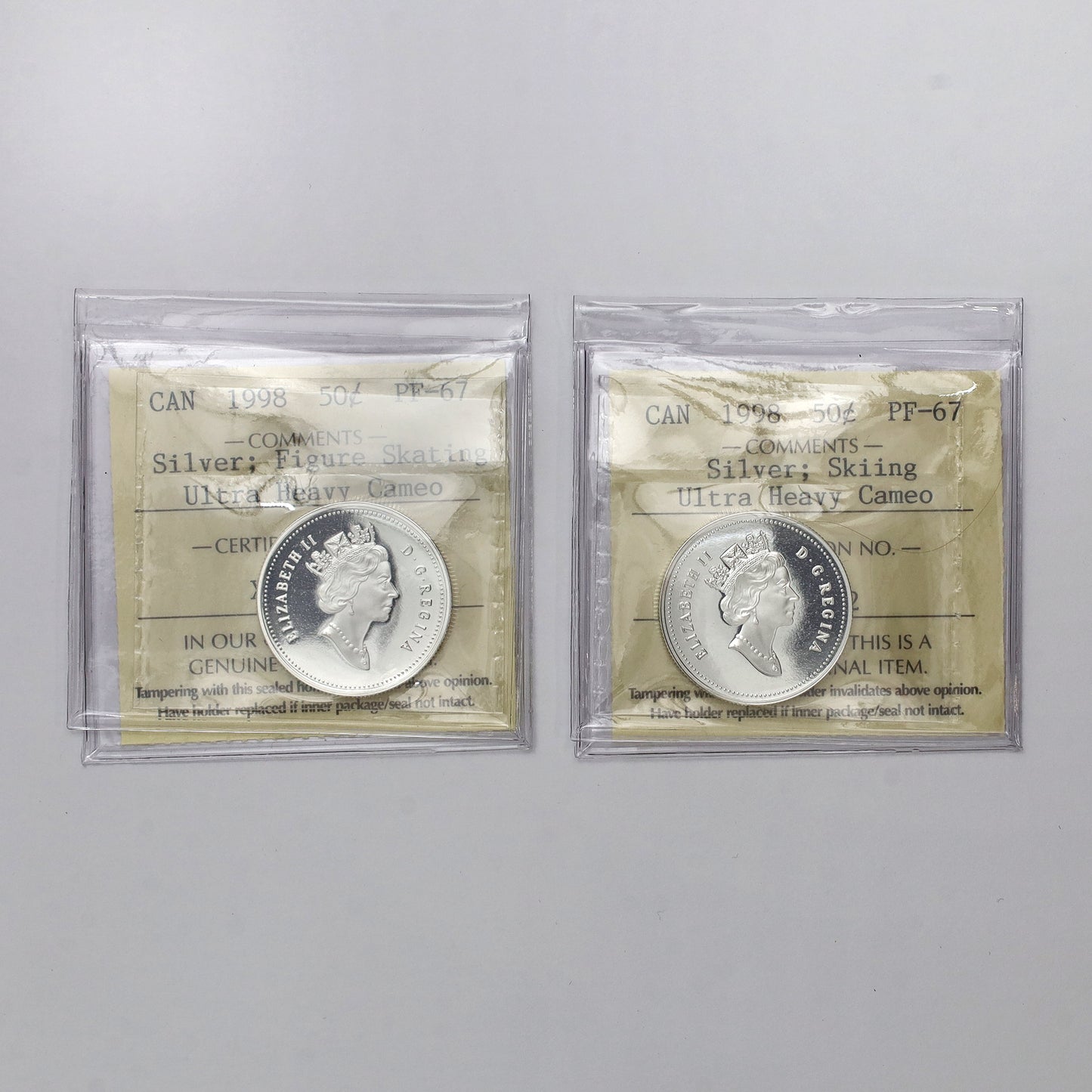 Pair of 1998 Canada 50-cent Sport Series Sterling Silver Coins ICCS Cert. PF67 UHC, 2pcs