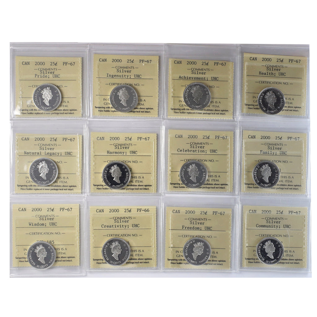 Full Set of 12x 2000 Canada Millennium 25-cents Silver ICCS Cert. PF66 or PF67 UHC, 12pcs