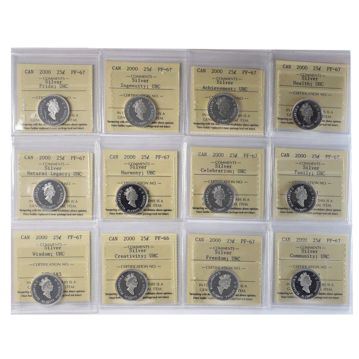 Full Set of 12x 2000 Canada Millennium 25-cents Silver ICCS Cert. PF66 or PF67 UHC, 12pcs