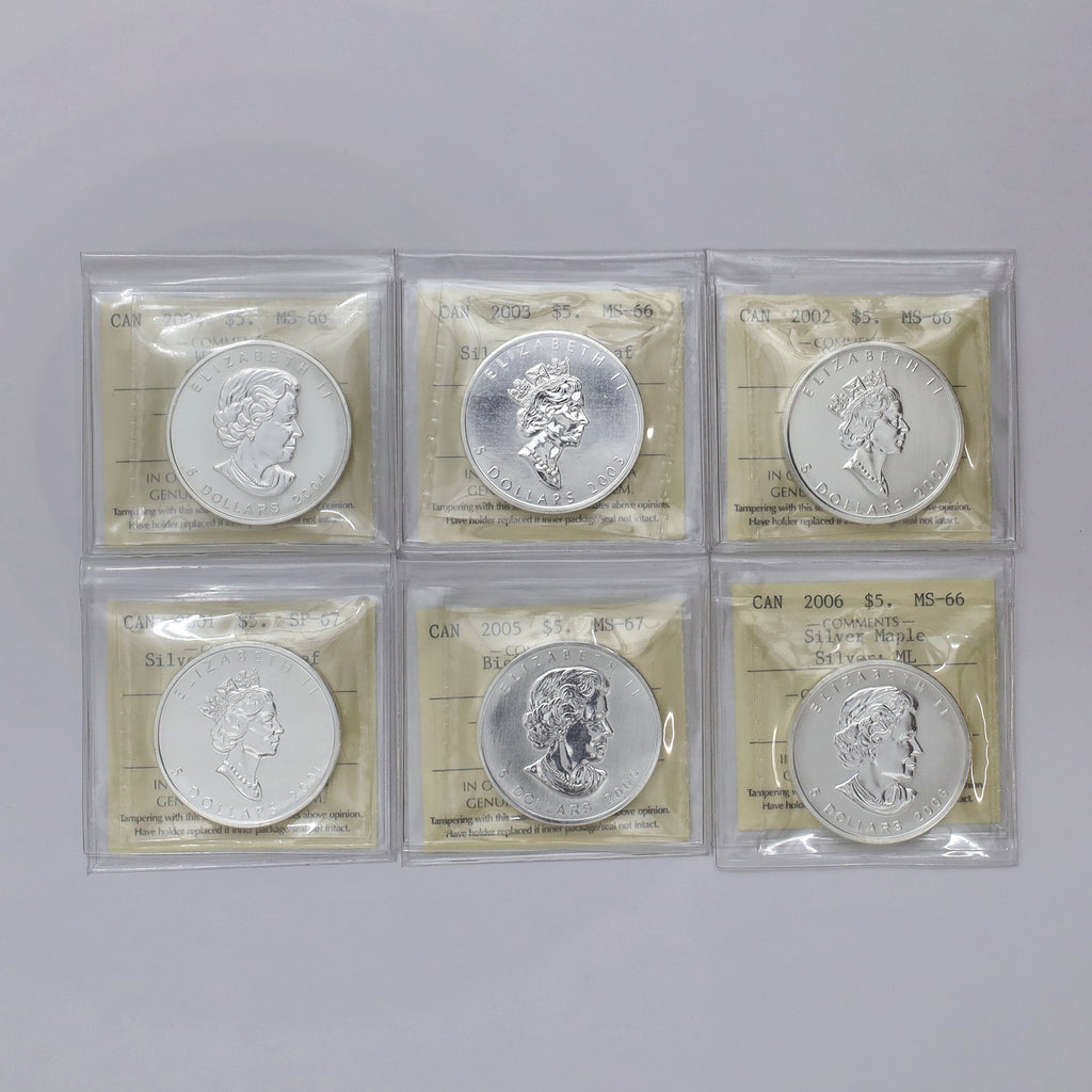 Lot of 6x Canada $5 Coloured Maple Leaf Fine Silver ICCS Crt. MS66 to SP67, 6pcs (No Tax)