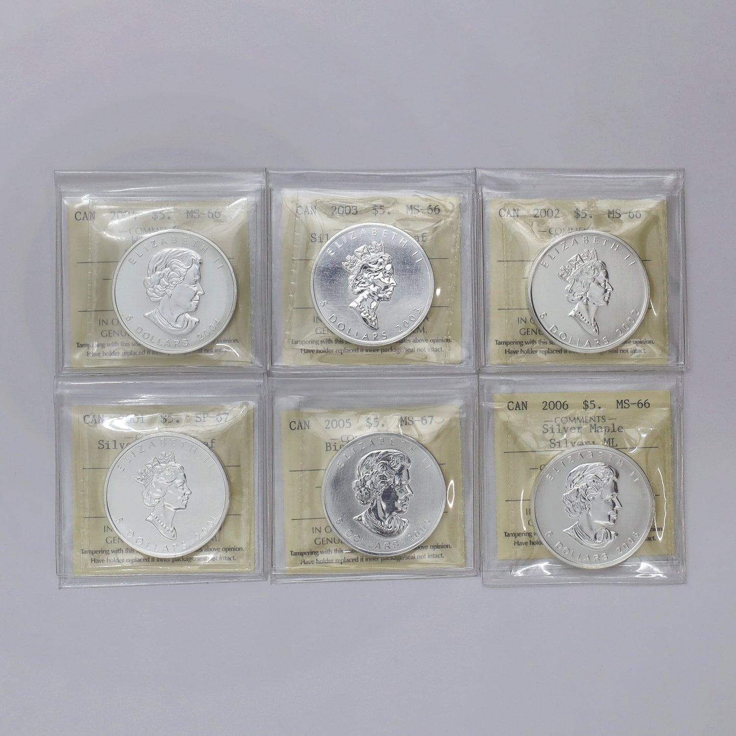 Lot of 6x Canada $5 Coloured Maple Leaf Fine Silver ICCS Crt. MS66 to SP67, 6pcs (No Tax)