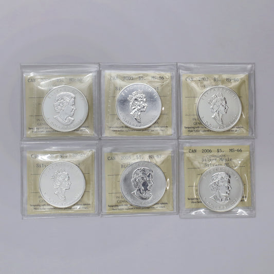 Lot of 6x Canada $5 Coloured Maple Leaf Fine Silver ICCS Crt. MS66 to SP67, 6pcs (No Tax)