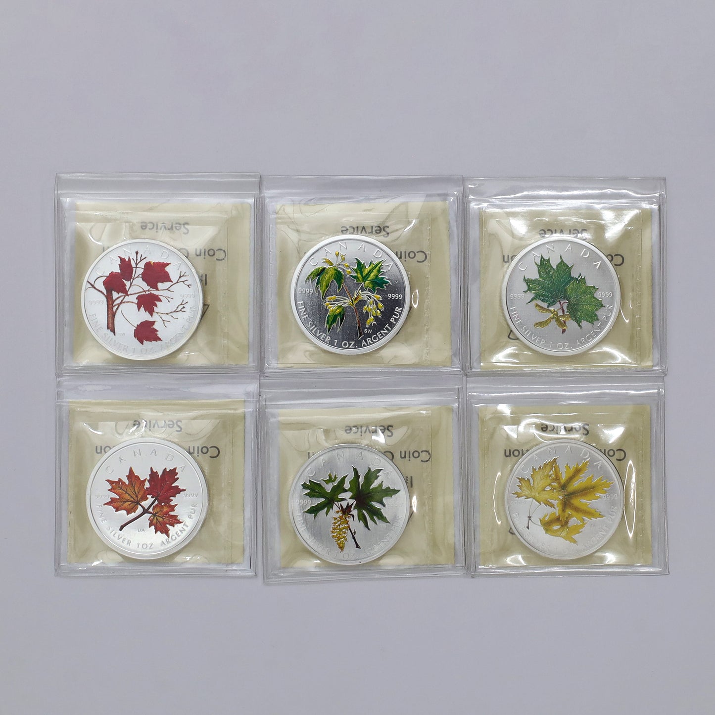 Lot of 6x Canada $5 Coloured Maple Leaf Fine Silver ICCS Crt. MS66 to SP67, 6pcs (No Tax)
