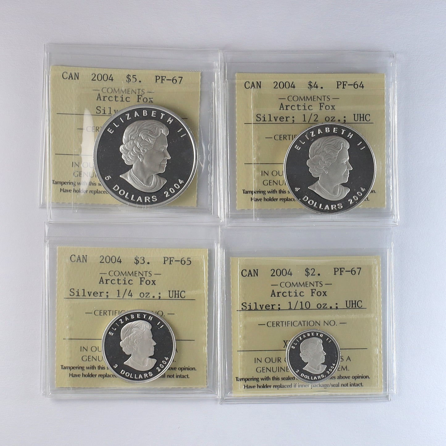 2004 Canada Arctic Fox Fine Silver 4-Coin Fractionals ICCS Crt. PF64 to PF67 UHC (No Tax)