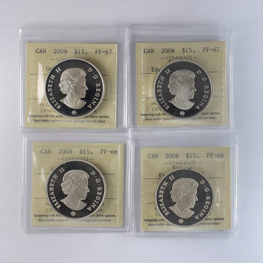 Lot of 4x 2008-9 Canada $15 Vignettes of Royalty .925 Silver ICCS PF66 to PF68 UHC, 4pcs