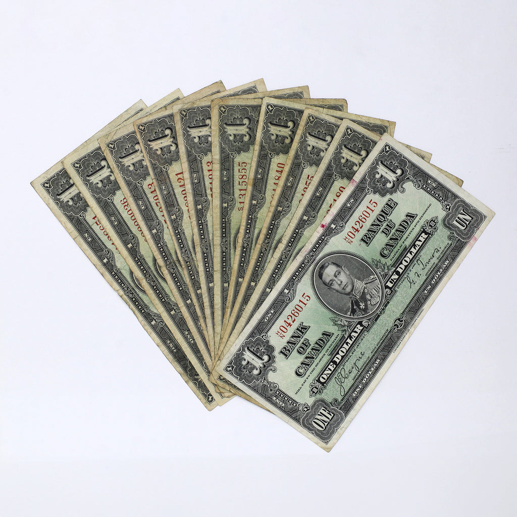 Lot of 10x Non-Sequential 1937 Canada $1 Notes, Various Prefixes, 10pcs