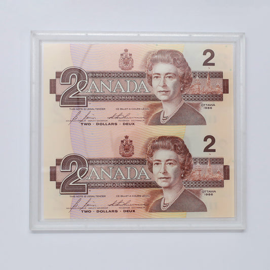 1986 $2 Replacement Uncut Sheet of 2 Notes, Bonin-Thiessen, BRX, in Case