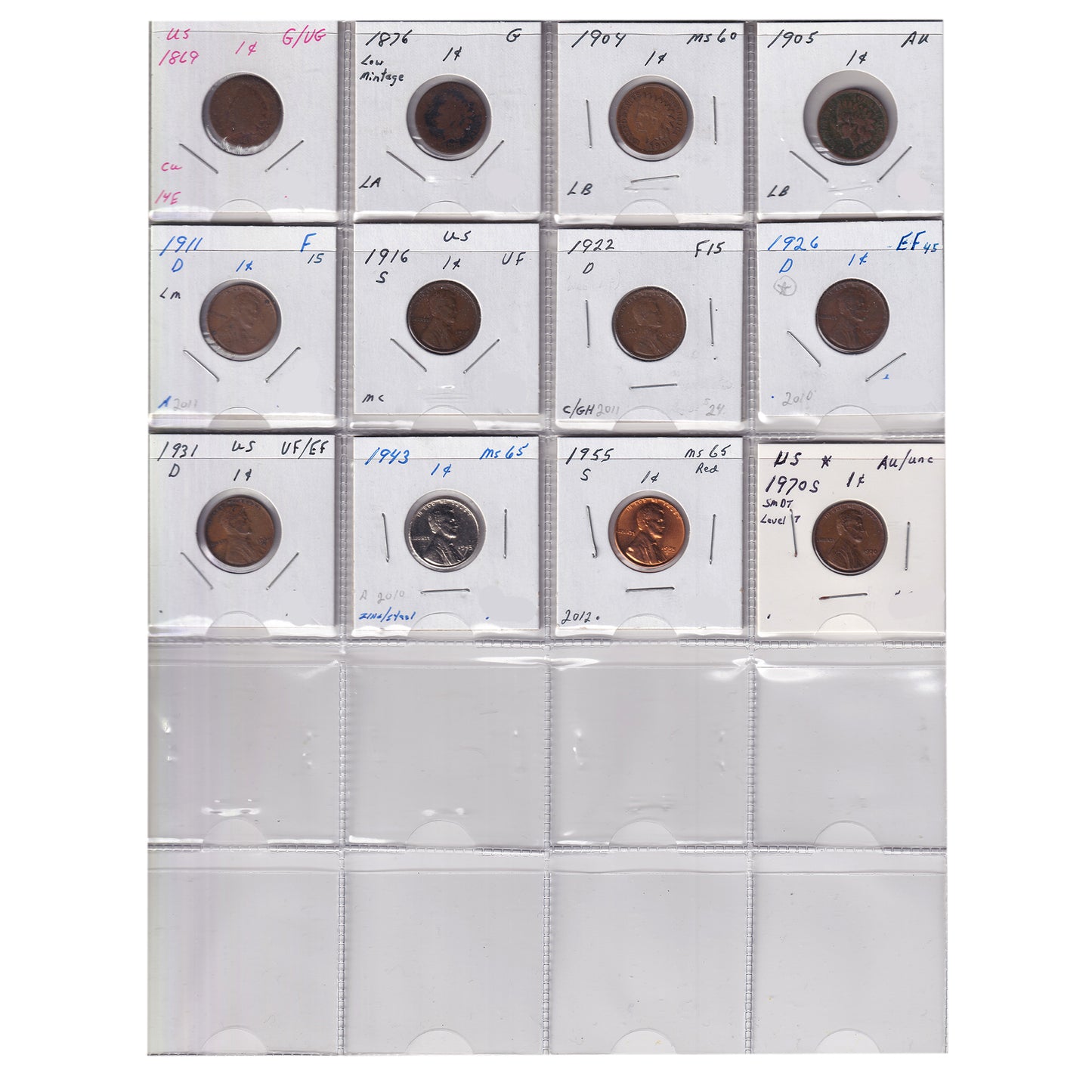Group Lot of 12x 1869-1970 USA Cents, 12pcs