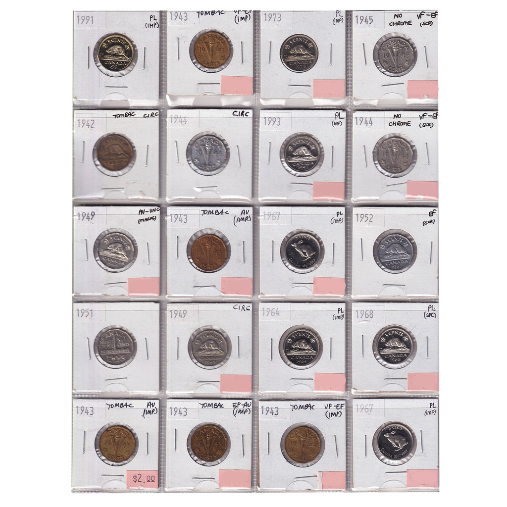 Group Lot of 20x 1943-1993 Canada 5-cents, Circ. To PL, 20pcs