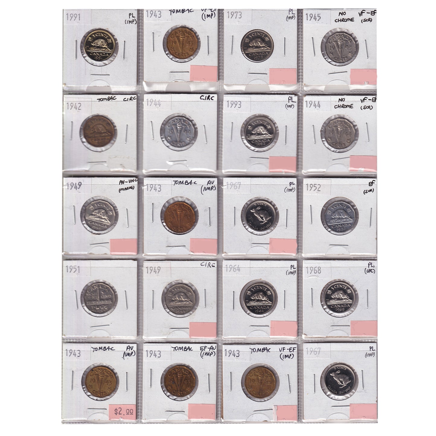 Group Lot of 20x 1943-1993 Canada 5-cents, Circ. To PL, 20pcs